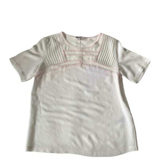 Sandro Veinarde Lace Yoke Embroidered Crepe Top Blouse Ecru Cream S - Picture 3 of 14